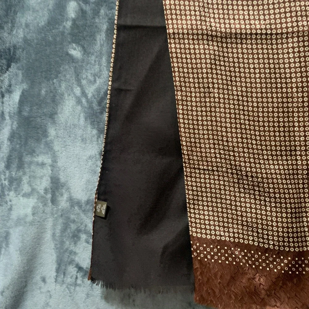 Scarf Mens Silk Wool Double Sided Brown Geometric Medallion Italy Quiet Luxury